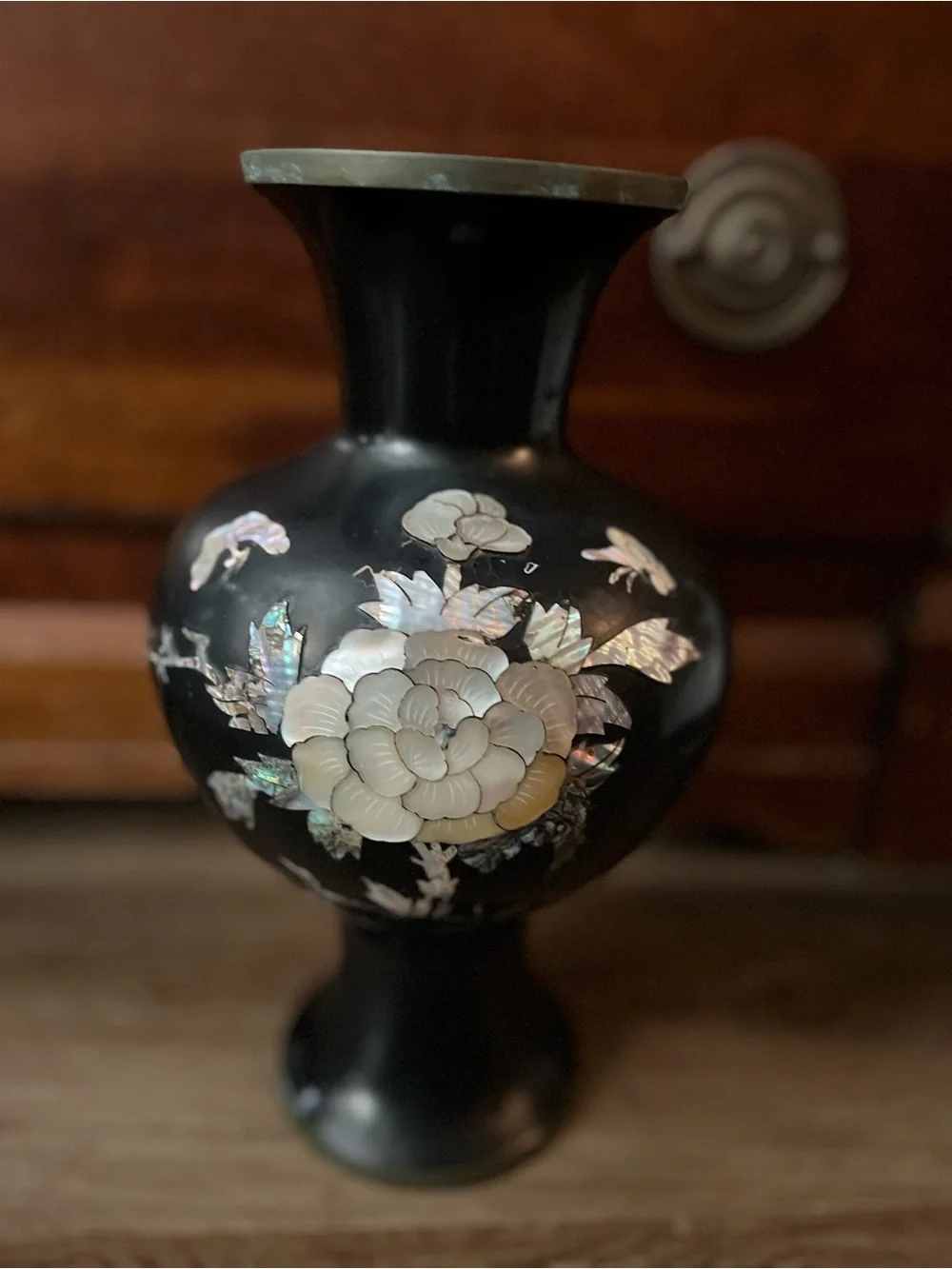 Iridescent Mother-of-Pearl Floral Black Accent Vase brass inside